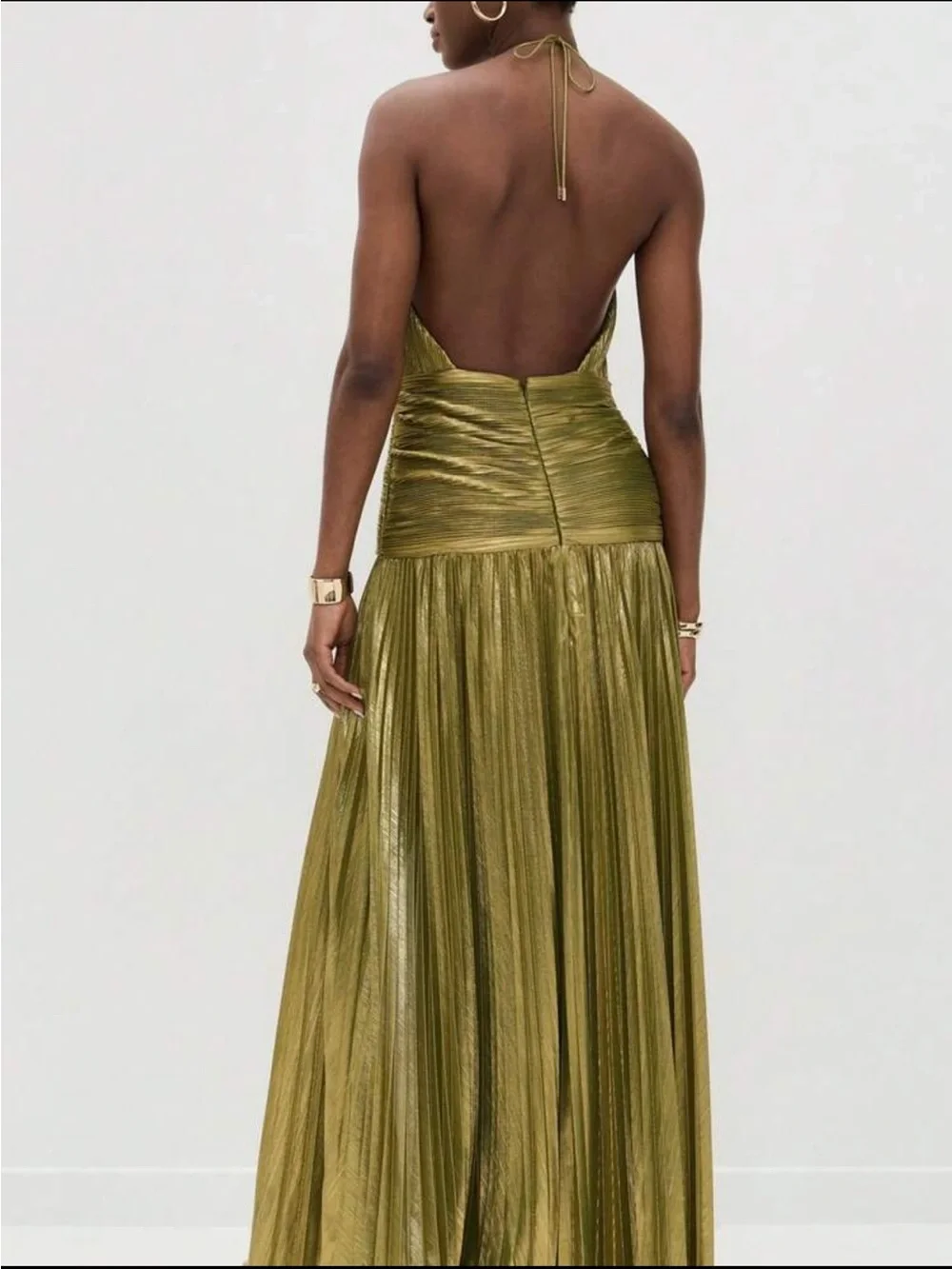 Gold One-Shoulder Pleated Maxi Dress with Halter Neck - Picture 3 of 6